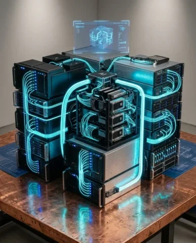 Technical Blueprint Transforming into AI Server Cluster 6 — Nano Banana AI Prompt: Luminous cyan data streams — rendered as bright flowing lines of light — course...