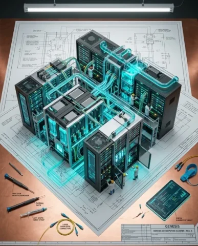 Technical Blueprint Transforming into AI Server Cluster 7 — Nano Banana AI Prompt: The blueprint's edges are visible at the periphery — flat schematic lines, dimen...