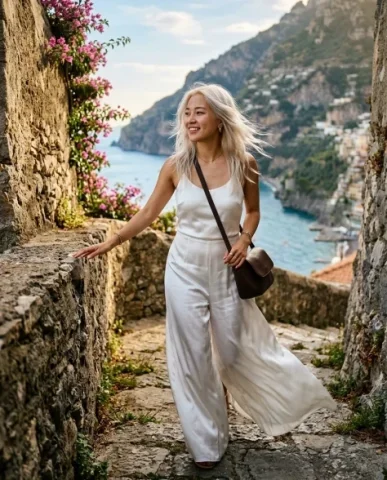 Quiet Luxury Mediterranean Cliffside Portrait 4 — Nano Banana AI Prompt: Japanese woman with platinum blonde hair walking along a narrow cliffside path a...
