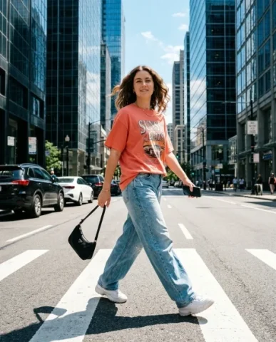 Urban Street Fashion Editorial Under Harsh Sunlight 2 — Nano Banana AI Prompt: Tall glass and steel buildings and parked vehicles surround her on a bright sunn...