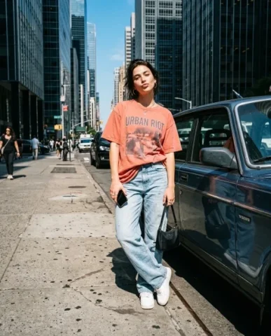 Urban Street Fashion Editorial Under Harsh Sunlight 3 — Nano Banana AI Prompt: Street fashion editorial. Natural skin texture with subtle pores and micro-imper...