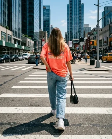 Urban Street Fashion Editorial Under Harsh Sunlight 7 — Nano Banana AI Prompt: The frame captures a stylish young woman's hands and midsection — one hand holds...