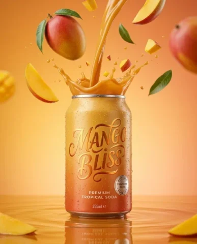 Ultra-Realistic Mango Beverage Can Product Photography 1 — Nano Banana AI Prompt: Ultra-realistic high-end beverage product photography set in a premium studio en...