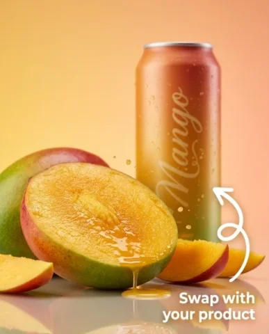 Ultra-Realistic Mango Beverage Can Product Photography 3 — Nano Banana AI Prompt: The glossy reflective surface beneath mirrors both fruit and can. A few mango we...