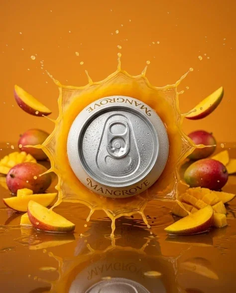 Ultra-Realistic Mango Beverage Can Product Photography 4