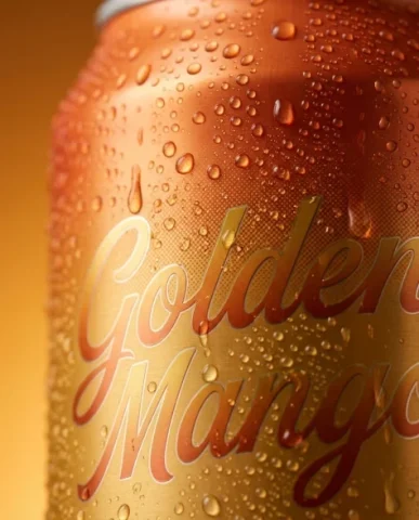 Ultra-Realistic Mango Beverage Can Product Photography 5 — Nano Banana AI Prompt: Both covered with ultra-fine condensation droplets. Elegant flowing script typog...