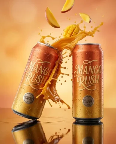 Ultra-Realistic Mango Beverage Can Product Photography 6 — Nano Banana AI Prompt: Ultra-realistic wide composition beverage product photography. The chilled matte...