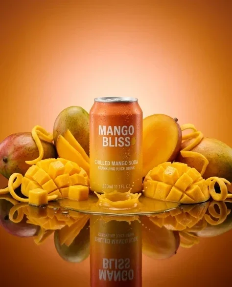 Ultra-Realistic Mango Beverage Can Product Photography 7