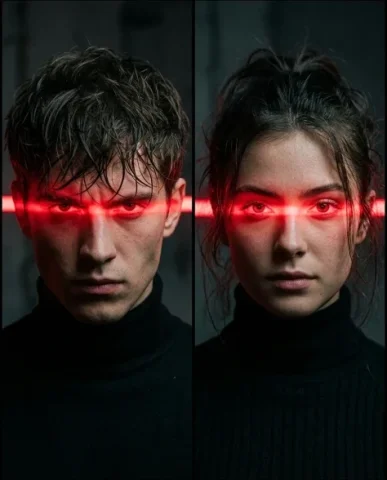 Cinematic Cyberpunk Neon Portrait Pair 3 — Nano Banana AI Prompt: The black turtleneck merges with the dark background. Ultra-realistic rendering...
