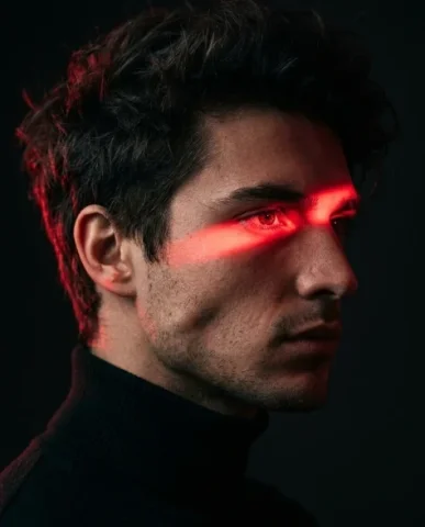 Cinematic Cyberpunk Neon Portrait Pair 4 — Nano Banana AI Prompt: Natural skin texture with subtle pores visible in the neon zone. 85mm portrait l...