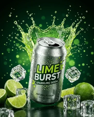 High-Contrast Sparkling Citrus Soda Can Product Shot 1 — Nano Banana AI Prompt: Transparent sharp-edged ice cubes with refractive internal facets float at varyi...