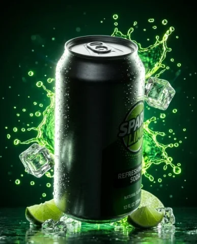 High-Contrast Sparkling Citrus Soda Can Product Shot 2 — Nano Banana AI Prompt: Hyper-realistic 8K UHD product shot of an aluminum soda can from a three-quarter...