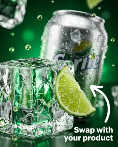 High-Contrast Sparkling Citrus Soda Can Product Shot 3 — Nano Banana AI Prompt: Hyper-realistic 8K macro product shot. A large transparent ice cube fills the lo...