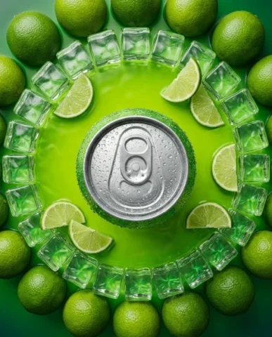 High-Contrast Sparkling Citrus Soda Can Product Shot 4 — Nano Banana AI Prompt: The reflective surface beneath creates a clean mirror image of the can, fading i...