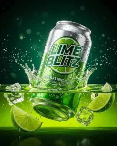 High-Contrast Sparkling Citrus Soda Can Product Shot 6 — Nano Banana AI Prompt: Hyper-realistic 8K UHD product shot of an aluminum soda can from a three-quarter...