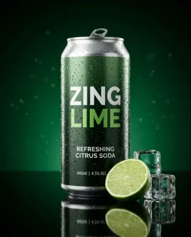 High-Contrast Sparkling Citrus Soda Can Product Shot 7 — Nano Banana AI Prompt: The metallic matte and gloss hybrid material is visible in microscopic detail —...