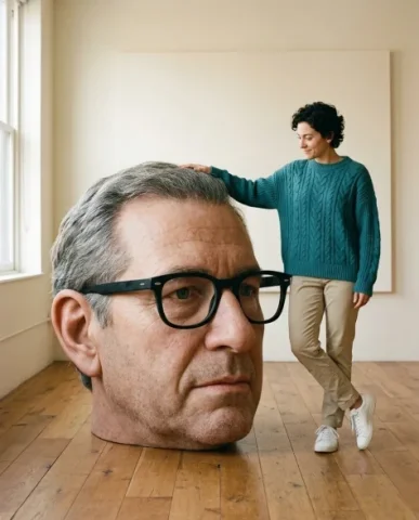 Surreal Conceptual Portrait with Scale Distortion 6 — Nano Banana AI Prompt: The oversized realistic human head is seen in clean profile — the nose, lips, ch...