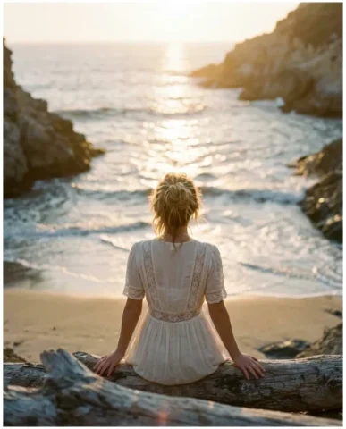 Cinematic Beach Portrait at Golden Hour 5 — Nano Banana AI Prompt: The beach stretches wide — sandy shore meeting gentle foamy waves, the water gol...