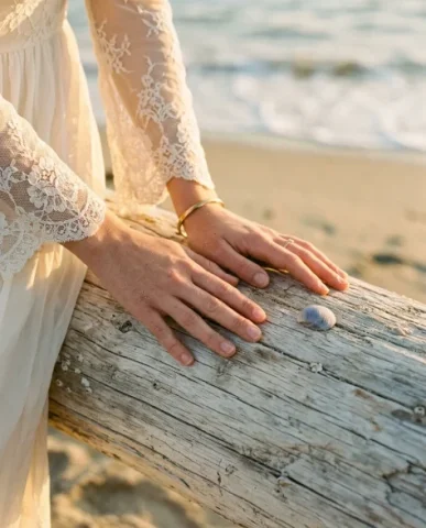 Cinematic Beach Portrait at Golden Hour 6 — Nano Banana AI Prompt: She gazes out at the gentle ocean waves meeting the sandy shore, the golden hour...