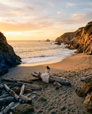 Cinematic Beach Portrait at Golden Hour 7 — Nano Banana AI Prompt: The frame captures a young woman's hands resting on the weathered driftwood log...
