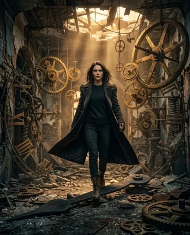 Cinematic Broken Clock Scene Portrait 2 — Nano Banana AI Prompt: An ultra-realistic cinematic photograph at eye level capturing a person mid-stri...