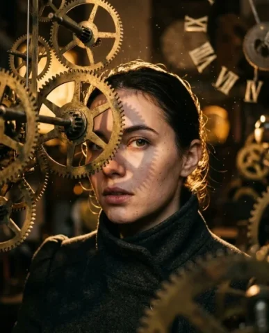 Cinematic Broken Clock Scene Portrait 3 — Nano Banana AI Prompt: An ultra-realistic close-up portrait photograph shot through a cluster of suspen...