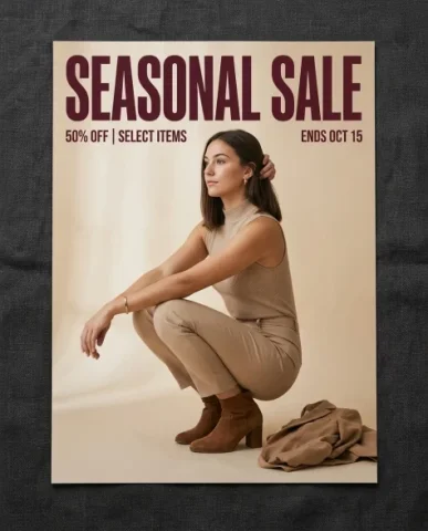 Fashion Advertisement Poster with Editorial Pose 1 — Nano Banana AI Prompt: Top-down photograph of a printed fashion advertisement poster lying flat on a da...