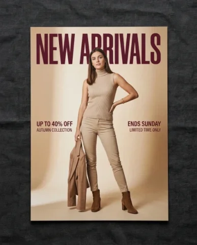 Fashion Advertisement Poster with Editorial Pose 2 — Nano Banana AI Prompt: Small hoop earrings and a thin bracelet catch the light. Her hair is straight sh...