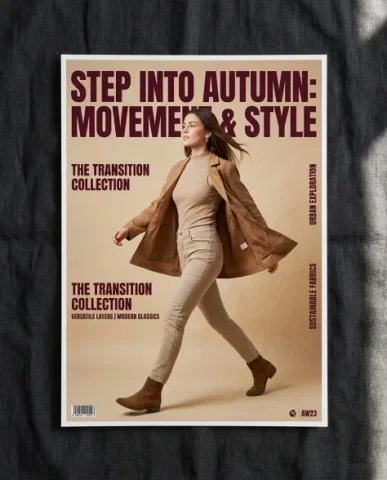 Fashion Advertisement Poster with Editorial Pose 4 — Nano Banana AI Prompt: The light brown jacket is now draped over one forearm. Small hoop earrings and t...