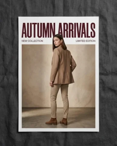 Fashion Advertisement Poster with Editorial Pose 7 — Nano Banana AI Prompt: Top-down photograph of a printed fashion advertisement poster lying flat on a da...