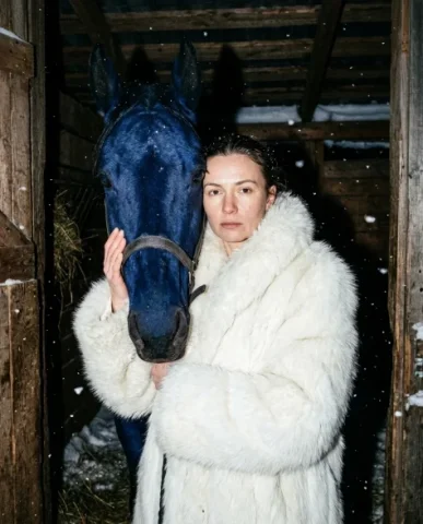 Ultra-Realistic Nighttime Flash Portrait with Horse 1 — Nano Banana AI Prompt: Ultra-realistic raw nighttime photograph with direct on-camera flash. A woman st...