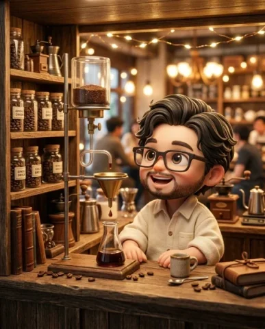 Miniature Vintage Café Diorama with Chibi Figure 1 — Nano Banana AI Prompt: In front of him is a small cold brew coffee setup constructed from glass and met...