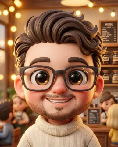 Miniature Vintage Café Diorama with Chibi Figure 2 — Nano Banana AI Prompt: In the center sits a realistic 3D chibi-style boy figure with a large head and s...