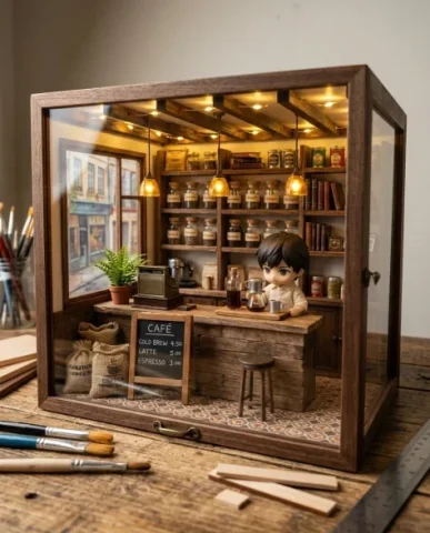 Miniature Vintage Café Diorama with Chibi Figure 4 — Nano Banana AI Prompt: The cold brew apparatus fills the frame — delicate glass tubes with visible thic...