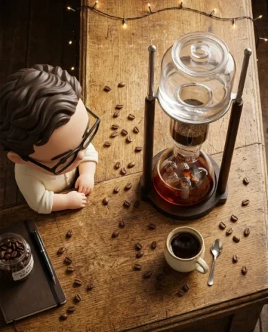 Miniature Vintage Café Diorama with Chibi Figure 6 — Nano Banana AI Prompt: The jars in the foreground are large and detailed — glass with handwritten paper...
