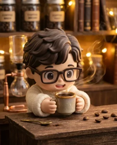Miniature Vintage Café Diorama with Chibi Figure 7 — Nano Banana AI Prompt: The rough wooden counter fills the frame with its warm aged grain. The cold brew...