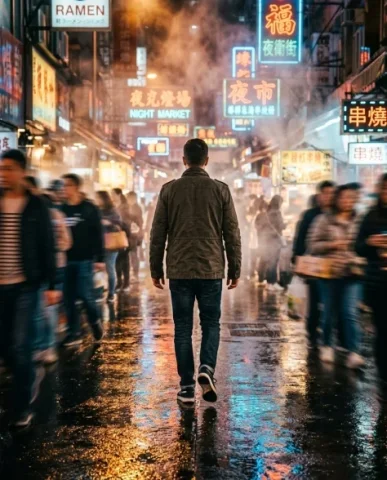 Cinematic Night Market Walk with Motion Blur 1 — Nano Banana AI Prompt: They are gradually being absorbed into the dense atmospheric haze and neon light...