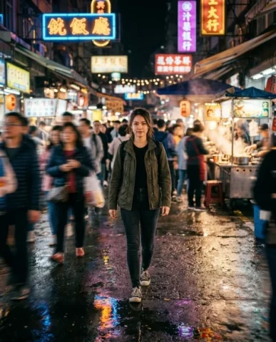 Cinematic Night Market Walk with Motion Blur 2 — Nano Banana AI Prompt: The wet ground beneath them reflects a kaleidoscope of neon color — electric blu...