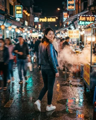 Cinematic Night Market Walk with Motion Blur 3 — Nano Banana AI Prompt: The structured jacket catches the mixed neon light — warm amber on the right sho...