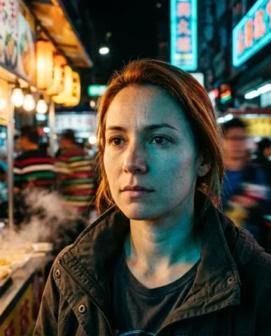Cinematic Night Market Walk with Motion Blur 6 — Nano Banana AI Prompt: Their face is split by two competing light sources — warm amber neon from the ri...