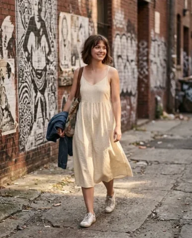Urban Street Portrait with Stencil Graffiti Backdrop 1 — Nano Banana AI Prompt: She walks gracefully through the scene with a serene joyful smile wearing a ligh...