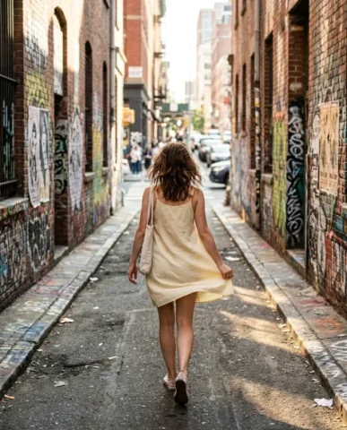 Urban Street Portrait with Stencil Graffiti Backdrop 4 — Nano Banana AI Prompt: The graffiti-covered red brick walls run along both sides of the alley — monochr...