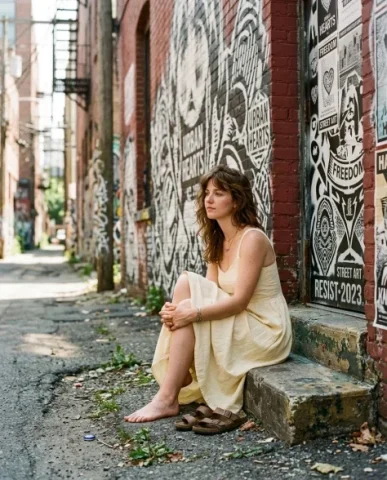 Urban Street Portrait with Stencil Graffiti Backdrop 5 — Nano Banana AI Prompt: The alley stretches ahead toward a brighter street intersection in the distance,...