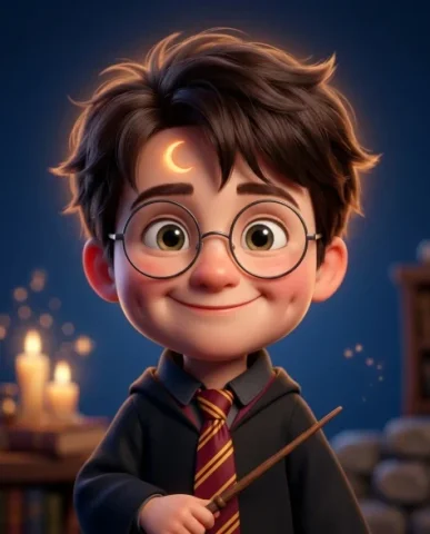 3D CGI Big-Head Cartoon Wizard Character 6 — Nano Banana AI Prompt: The crescent scar on his forehead pulses gently with amber light that mingles wi...