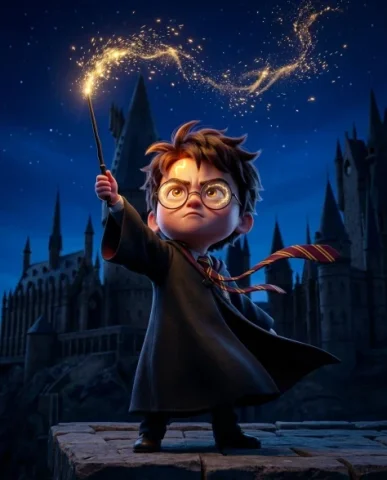 3D CGI Big-Head Cartoon Wizard Character 7 — Nano Banana AI Prompt: His round wire-rimmed spectacles have shifted askew on his nose from the surpris...