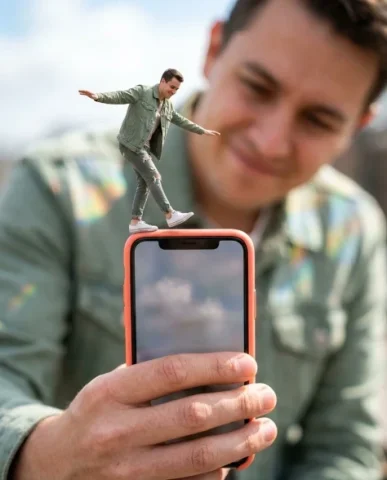 Surreal Miniature Dancing Composite on Smartphone 2 — Nano Banana AI Prompt: The miniature hyper-realistic figure balances on the very top edge of the phone...
