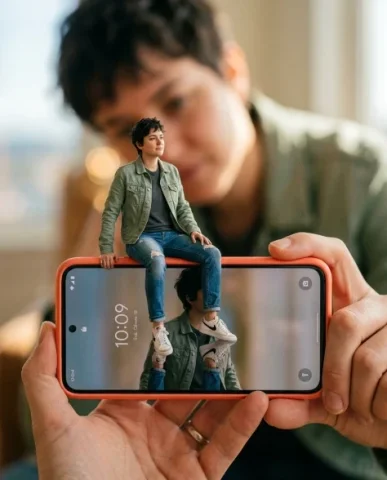 Surreal Miniature Dancing Composite on Smartphone 3 — Nano Banana AI Prompt: The miniature hyper-realistic figure now sits casually on the top edge of the ph...