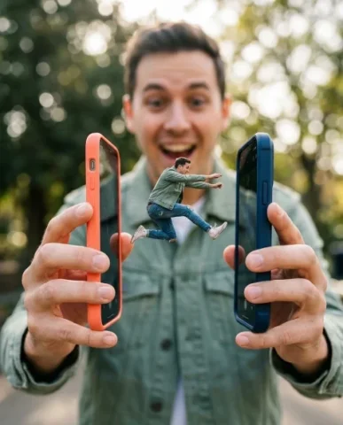 Surreal Miniature Dancing Composite on Smartphone 5 — Nano Banana AI Prompt: Gravity-defying motion is frozen with sharp focus on the miniature and the two p...