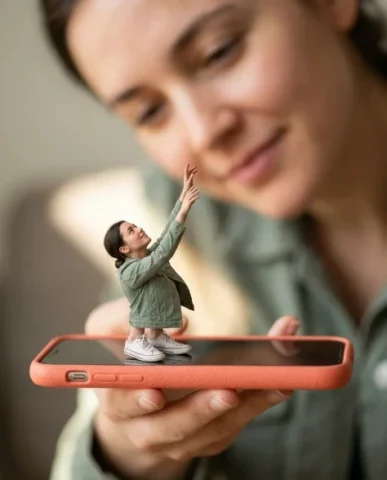 Surreal Miniature Dancing Composite on Smartphone 6 — Nano Banana AI Prompt: The hand holds the smartphone horizontally in the coral-orange case in the mid-g...