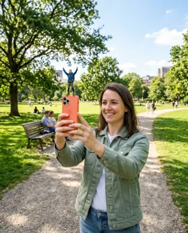 Surreal Miniature Dancing Composite on Smartphone 7 — Nano Banana AI Prompt: The person stands in the park wearing the sage-green denim jacket, holding the s...